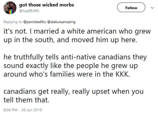 wynter-skye:  cookingwithroxy:silverscreenx:theun–sj:blackqueerblog:    Americans lecturing Canadians on the natives is much more hilarious than Canadians lecturing Americans on their shit, like the US was better somehow I wanna disagree  Ironically,