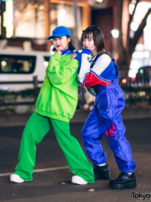 Japanese teens Mai and Saya wearing colorful fun styles on the street in Harajuku with items from Ke
