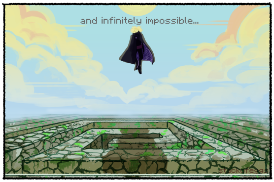 Grian is floating above what looks like a spiral maze. Mossy cobblestone walls make up the maze. The sky is yellow and blue. The sun looms above Grian's head, and text in between them says 'and infinitely impossible...'