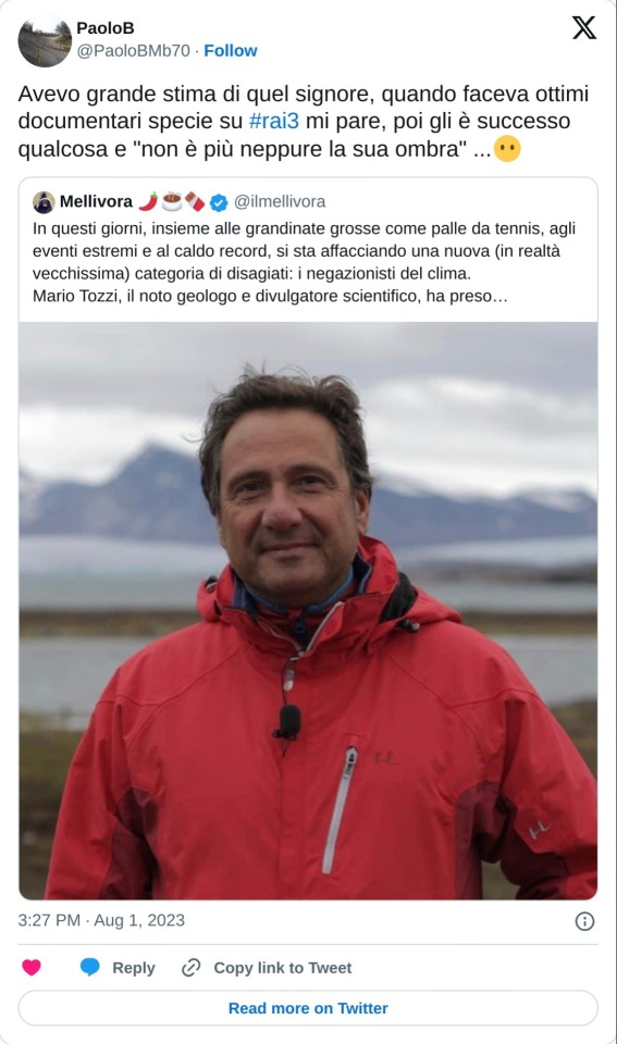 Avevo grande stima di quel signore, quando faceva ottimi documentari specie su #rai3 mi pare, poi gli è successo qualcosa e "non è più neppure la sua ombra" ...😶 https://t.co/JBZGZ3MMMe  — PaoloB (@PaoloBMb70) August 1, 2023