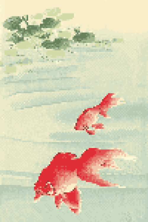 Ukiyoe × Pixelart：Two gold fishOriginal Ukiyoe：Koson Ohara（1877-1945）