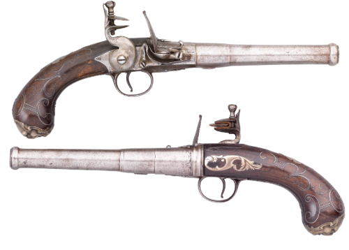 A pair of silver mounted turn-off Queen Anne flintlock pistols produced by John Easterby of London, 