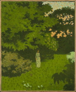 nobrashfestivity:   Pierre Bonnard, Young Woman in a Landscape (or Madame Claude Terrasse in the Enclosed Garden at Grand-Lemps), 1892 oil on canvas, 43.2 x 35.3 cm, Private collection.   