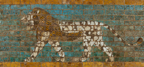historyfilia:Molded and glazed bricks forming a striding lion. Babylonian, ca. 6th century BC. The O