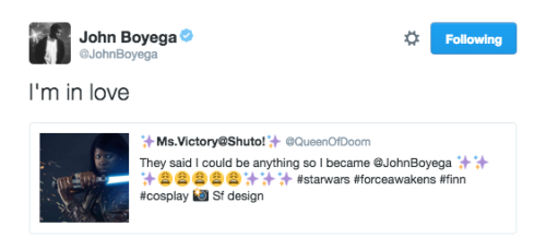 jawnbaeyega:John Boyega supporting a fan’s Finn cosplay 