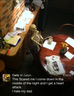 mostly-perfect:  So one time my dad bought a skeleton for Halloween, and one day he decided to place it in the kitchen to scare me and it went too far… 