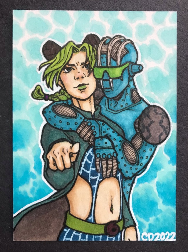 drawing of jolyne kujo from jojo's bizarre adventure. she is seen from the waist up, facing slightly right, and pointing at the viewer. Her stand, stone free, is leaning around from behind her with arms wrapped loosely around her shoulders.