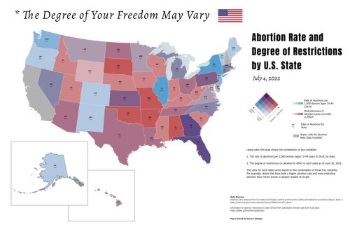 mapsontheweb:  Today, the degree of freedom you have in the U.S. varies if you’re a woman, depending on where you live. This bivariate map shows the restrictiveness of current abortion laws in each state and the abortion rate per 1,000 women aged 15-44