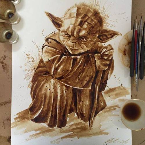 culturenlifestyle:  Coffee Illustrations by Maria Aristidou Professional coffee artist Maria Aristidou (previously featured here) composes portraits of vintage icons by using coffee as watercolor. Often featuring classical icons, such as the Star Wars