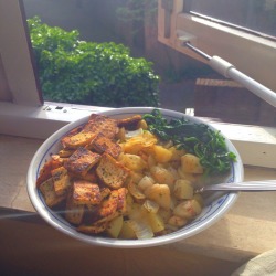 julroses:  Try telling me my dinner doesn’t look delicious.   Potato onion stir fry, pan fried tofu and spinach tho  Oh goodness.