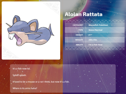 goodpokemonedits:  computersandknives:  goodpokemonedits:  Alolan Rattata was officially revealed today on the Japanese website. It appears to be a fish now, but I can’t be sure since I don’t speak Japanese. If any of you can understand what it says,