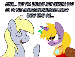 outofworkderpy:  daringdinkysart:  Out of Work Derpy: “The colts won’t be able to keep their hooves off you!”  Dinky: But mama!! ….fine.  ((Derpy Is totally a over protective mother! XD Everyone go give daringdinkysart and askdaringdinkydo a