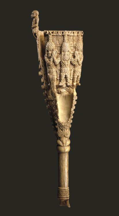 Double bell (egogo), carved from ivory.  Made in the Kingdom of Benin (now Edo State, Nigeria).  Art