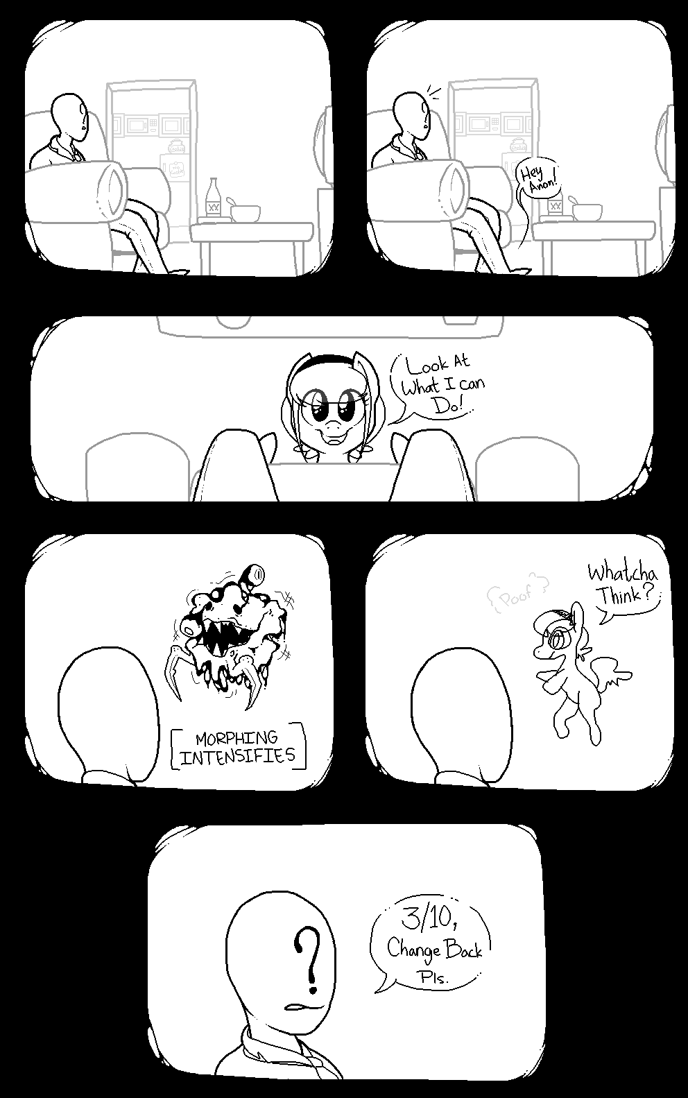 quantumcrystalart:  Silly little comic i did for the /mlp/ drawthread. the request was   “Thinking of Thingpone makes me want to see a picture where she says: “Hey Anon! Look what I can do! and then she changes into a bad drawing of Thingpony.