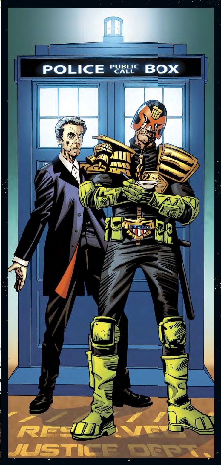 2000adonline:
“ 2000AD Crossovers: Judge Dredd x Doctor Who - Kev Hopgood
“So what did you say your name was, Doctor..who?”
“Yes, that’s right.”
“Stop messing me around, creep! Failure to provide correct information; parking an unregistered vehicle...