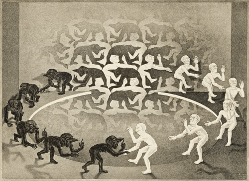 Encounter, M. C. Escher, 1944Lithograph on paper34.2 x 46.8 cm (13 ½ x 18 ⅜ in.)