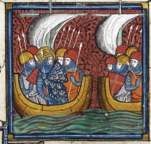 inacom:Detail of a miniature of Louis IX sailing off on his second crusade, from the Chroniques de F