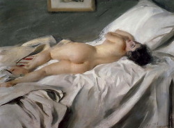 artbeautypaintings:  Nude girl stretched out on her bed - Anders Zorn 