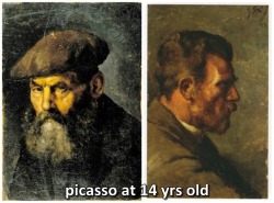 shitpostmemeboy:  dogmemes:  hoodbypussy:  Évolution inversée   he looked old for 14  “It took me four years to paint like Raphael, but a lifetime to paint like a child.”― Pablo Picasso