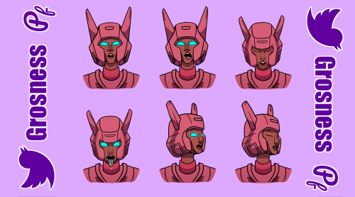 [ID: Two images with six headshots of Elita-1 from the Netflix Transformers War For Cybertron trilog