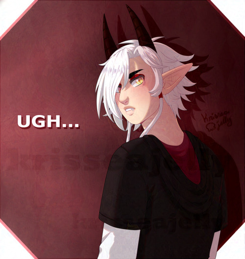 A digital illustration of a man looking over his shoulder. He has white hair and 2 dark red horns that go straight up from his head. He has yellow eyes and red eye "makeup".  His hair is messy and there's 2 longer pieces that hang down from his temples. He's wearing a black, short-sleeved hoodie with white long sleeves underneath.