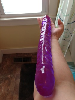 indecentdaddy:  filthyv:  Today’s adventure?  Checking the mail to find a gift. an 18” PURPLE double headed dildo. My task?  see how much of it i could cram into my ass. Not to bad for a first try.  Damn!