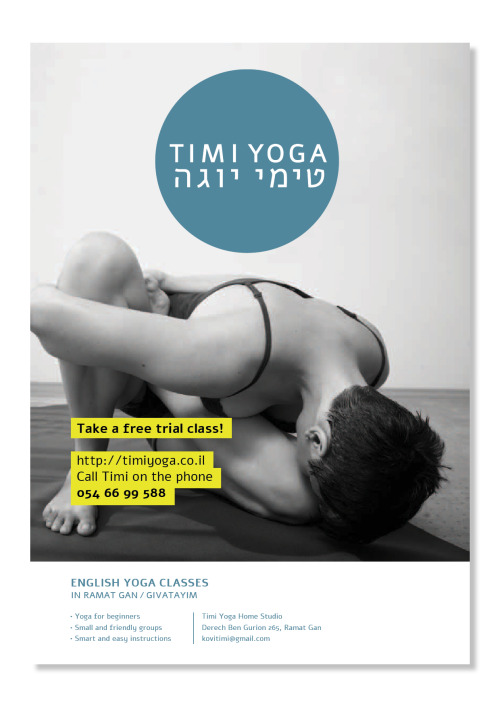 For Timi Yoga, we chose for a serene atmosphere for these poster ads – made possible by a subtile use of typography and an amazing photograph of Timi in a not less amazing yoga posture…
She also just started a blog full of valuable information, which...