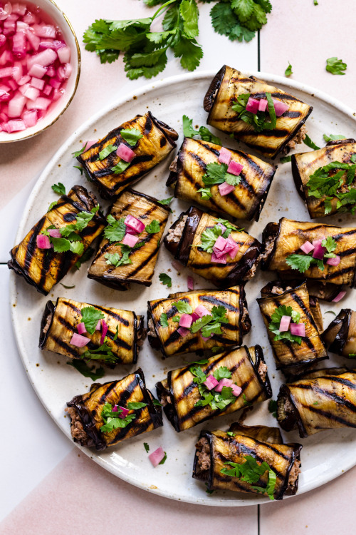 Georgian eggplant rolls (nigvziani badrijani)Georgian eggplant rolls are made for a summer BBQ. Char