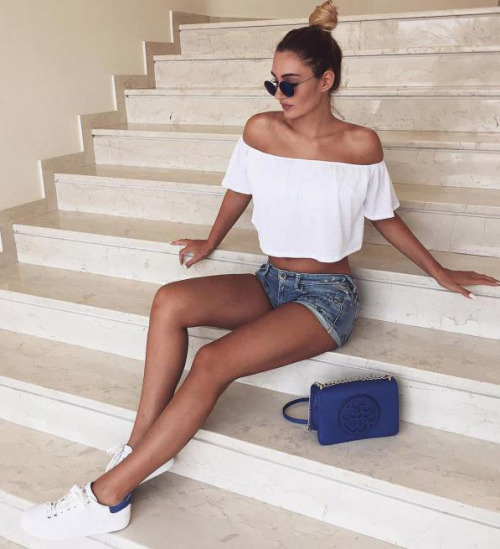 Off The Shoulder Chiffon Crop Top  White &gt;&gt; Ripped Cutoffs Denim Shorts &