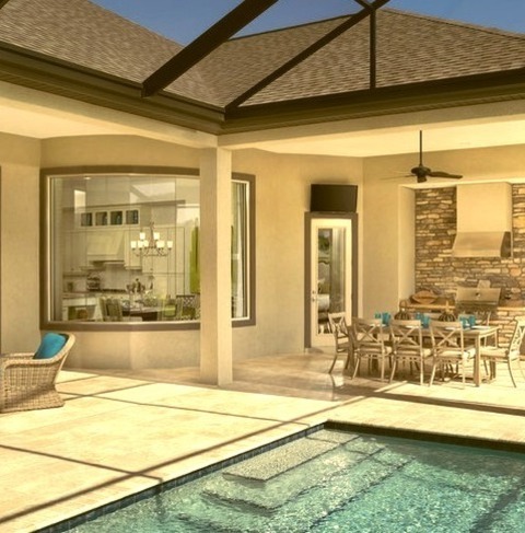 Huge Island Style Backyard Brick Patio Kitchen Photo With A Roof Extension
