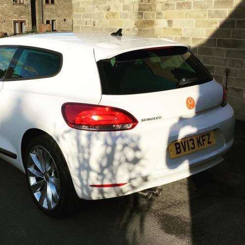 Backside looking mean, new emblems & exhaust tips! #VW #scirocco #germanwhip #rims #candywhite #