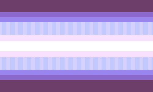 A rectangular, eleven striped flag. The first, fourth, eighth and last stripes are the thickest. The second, third, ninth and tenth stripes are the thinnest. The fourth and eighth stripes have nineteen vertical lines that are slightly lighter in colour than the stripe itself. The colours from top to bottom are as follows: Dusty purple, medium purple, lavender-blue, light periwinkle, almost-white purple, white, almost white purple, light periwinkle, lavender-blue, full purple, dusty purple.