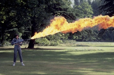 weirdlandtv:Sigourney Weaver testing a flamethrower during the production of ALIEN.