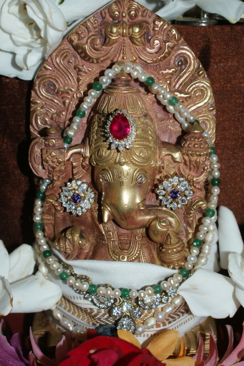 Durga Puja alamkaram, Vishnu as Vishnu-Durgai with Lakshmi and Saraswati at my household shrine.