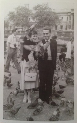 prettyoldphotos:  Feed the Birds c.1950s I love this one. This is part of a set including the wedding snaps of the happy couple. This is presumably on their honeymoon, taken in London 