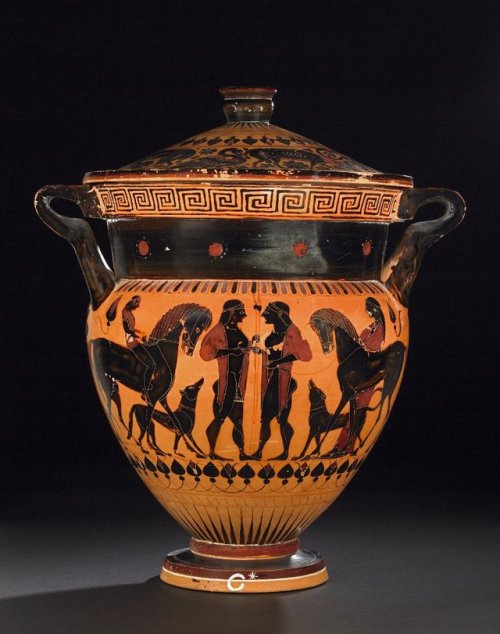 Black-figure column-krater depicting a charioteer in a quadriga and two youths on horseback (top) an