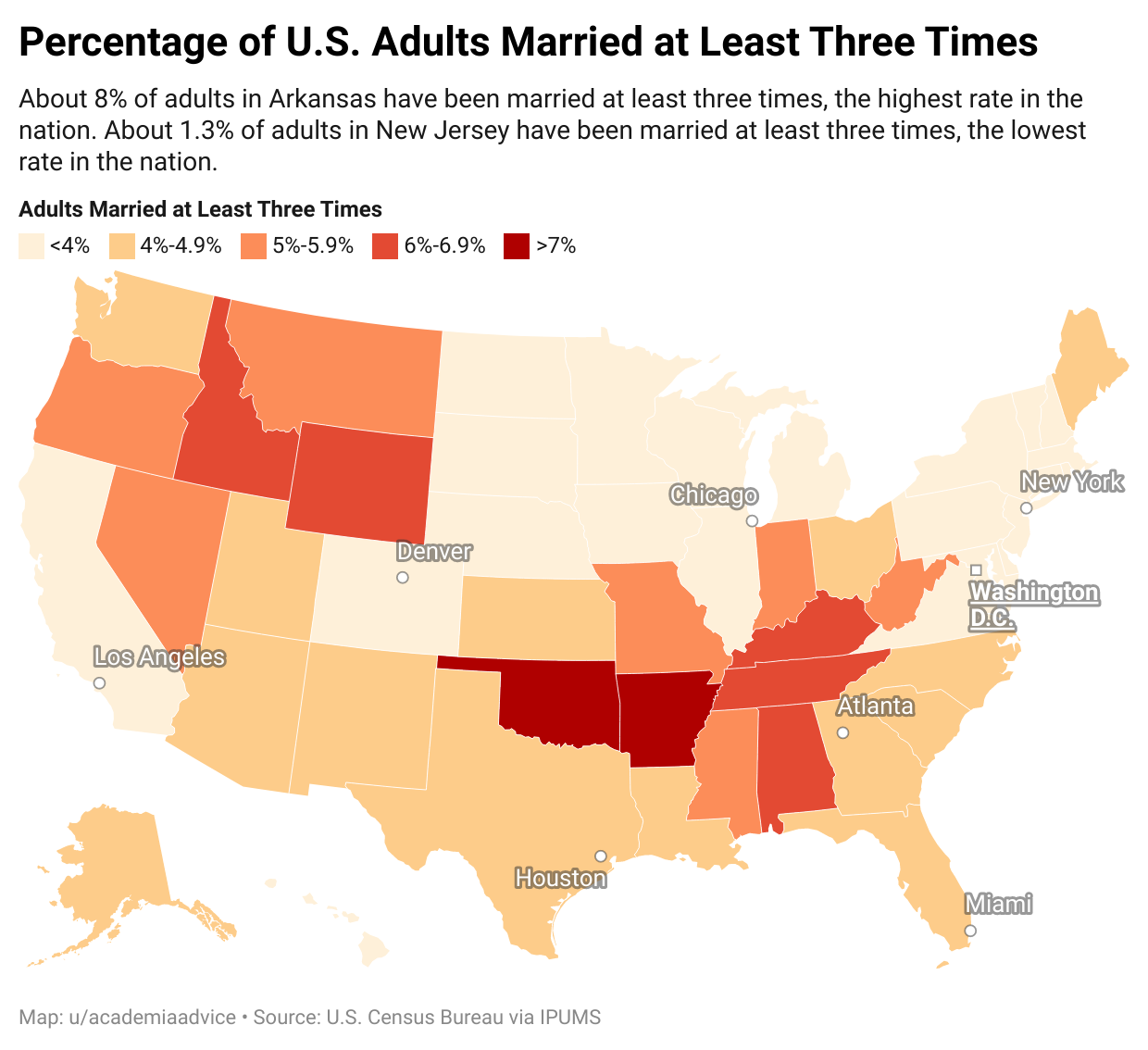 eopederson: “mapsontheweb: “Percentage of U.S. Adults Married at Least Three Times, 2016-2020. by u/academiaadvice Keep reading ” Sanctity of marriage! Interesting the correlations with neofascistic voting patterns and membership in...