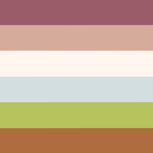 ID: a femme larkspur gay flag with 6 stripes that are, from top to bottom, maroon, tan, off-white, pale blue, light green, and brown. end ID