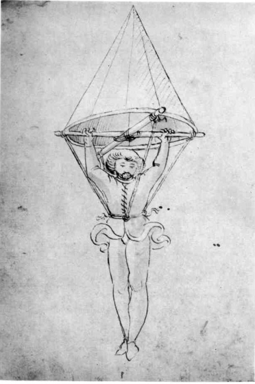 The oldest parachute design appears in an anonymous manuscript from 1470s Renaissance Italy (British