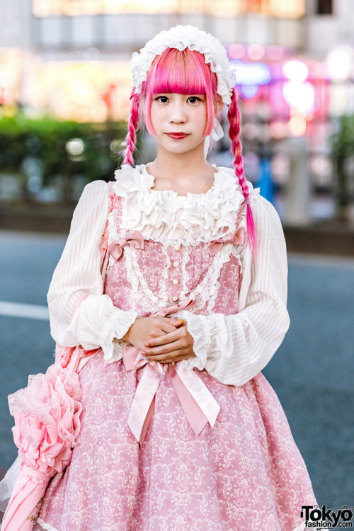 20-year-old fashion student Ayana on the street in Harajuku wearing Japanese lolita fashion includin