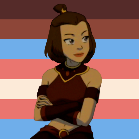 trans-suki:  [image description: the first three pictures are of suki from avatar: the last airbender with the trans black solidarity flag. in the first, she is crossing her arms and looking at something off screen. in the second, she is grinning and
