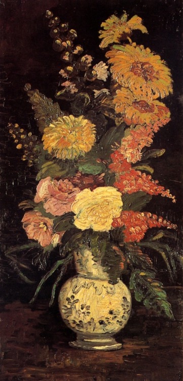 artist-vangogh: Vase with Asters, Salvia and Other Flowers, 1886, Vincent van GoghMedium: oil,canvas