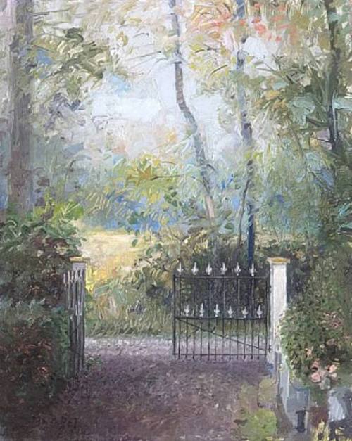 huariqueje:Tuinhekje in Leens (Garden gate in Leens) -   Rein Pol  1996.Dutch , b.1949-Oil on canvas