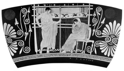 Name vase of the Penelope Painter, side A, with Penelope at her loom with son Telemachos, from Chius