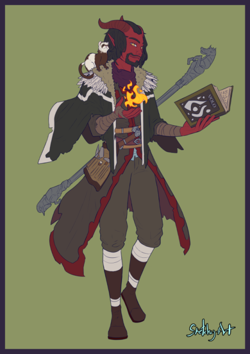 Velnur Griphos the Wild Magic Sorcerer, Tiefling and his companion Lin the ferret.
