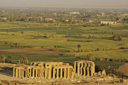 Aerial view of the Ramesseum or Mortuary Temple of Pharaoh Ramesses II on the West Bank of the Nile 