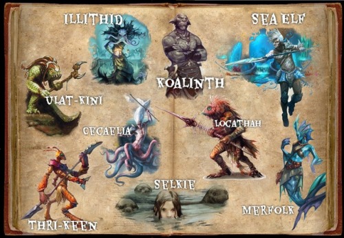 geekcuts:I’m doing an oceanic campaign for a new group and I’ve put together some materials for them - this is a quick little showcase of the normal & exotic races they can choose from. I also did two for the monsters of the world. I’ve got