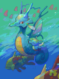 alternative-pokemon-art:  Artist Kingdra with Horsea and/or Seadra by request. 