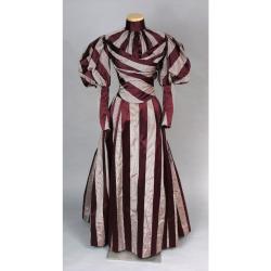 Ravensquiffles:  Day Dress, Maroon Silk Satin With Broad Plain-Woven Stripes Of Thin