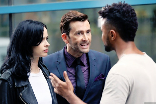 Krysten Ritter, David Tennant and Eka Darville filming the season 2 of Marvel’s ‘Jessica Jones’ in N